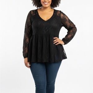 Torrid Black Floral Lace Babydoll Top Sheer Sleeves Size 0 (L/12)